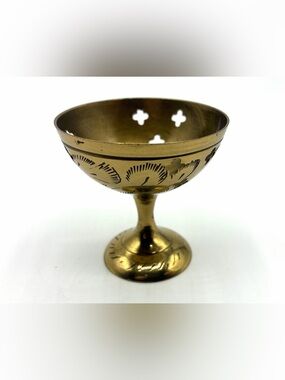 Vintage Miniature Brass Pedestal Cup Chalice Etched Floral India 2.25”